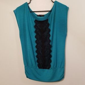 Retro Teal Sleeveless Blouse With Black Lace